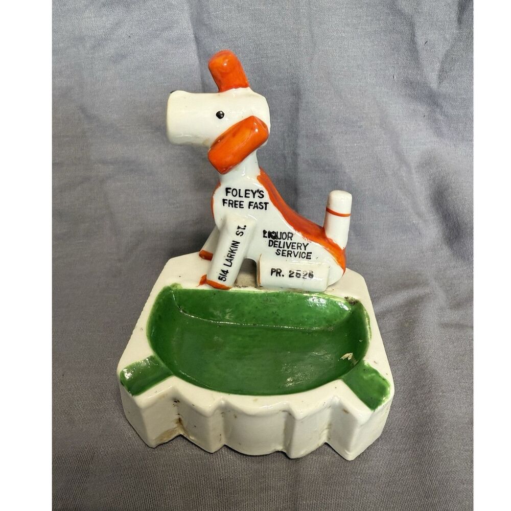Ceramic Dog Figural Ashtray Art Pottery Glossy Green White Orange Decorative